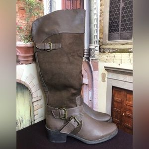 Long Almond Toe Calf-Riding Brown Boots
